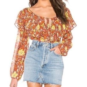 FP Intimately | Fall Floral Pattern Ruffled Floaty Neckline Bell Bib Boho Blouse